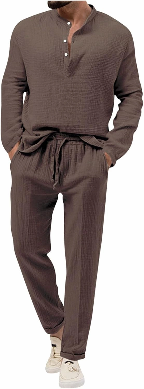 Cotton Linen Sets for Men 2 Piece Button Down Shirt Long Sleeve Drawstring Waist Pants Fall Fashion Outfits 2023