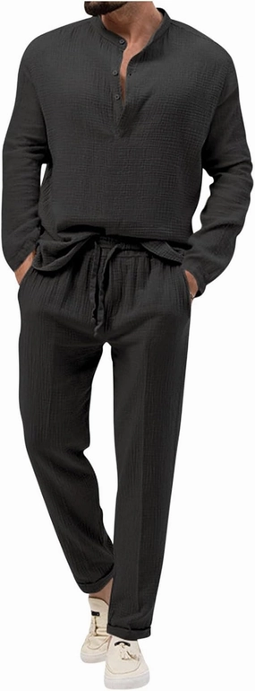 Cotton Linen Sets for Men 2 Piece Button Down Shirt Long Sleeve Drawstring Waist Pants Fall Fashion Outfits 2023