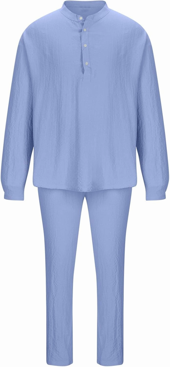 Cotton Linen Sets for Men 2 Piece Button Down Shirt Long Sleeve Drawstring Waist Pants Fall Fashion Outfits 2023