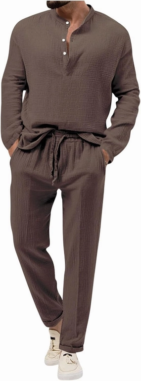 Cotton Linen Sets for Men 2 Piece Button Down Shirt Long Sleeve Drawstring Waist Pants Fall Fashion Outfits 2023