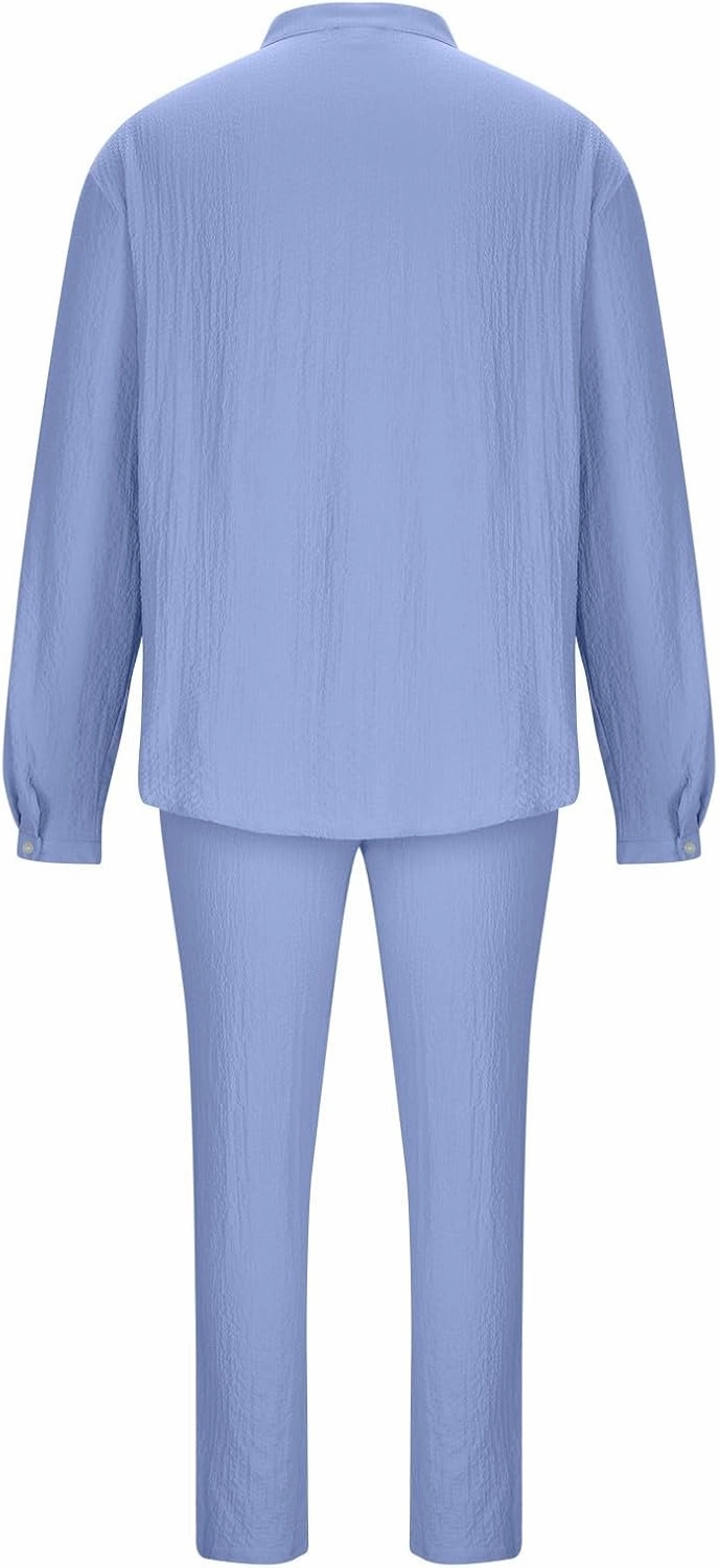 Cotton Linen Sets for Men 2 Piece Button Down Shirt Long Sleeve Drawstring Waist Pants Fall Fashion Outfits 2023