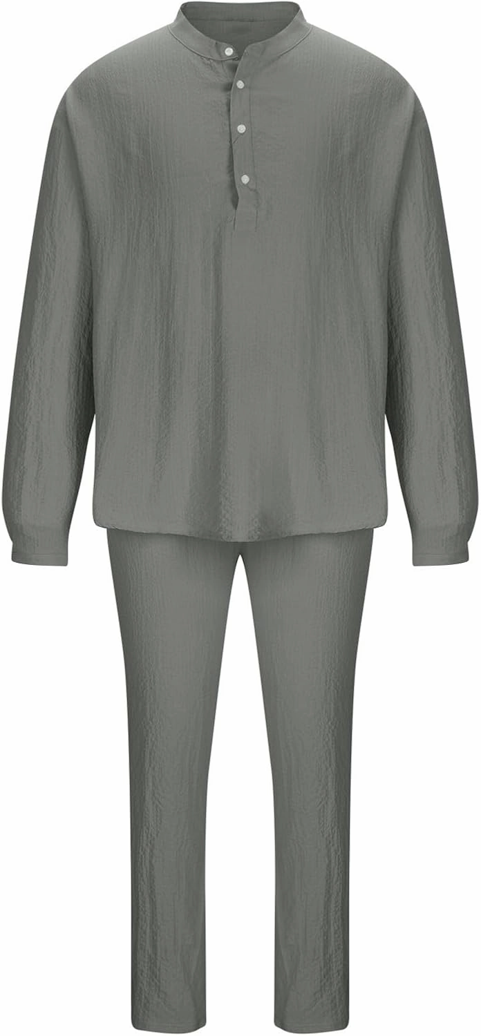 Cotton Linen Sets for Men 2 Piece Button Down Shirt Long Sleeve Drawstring Waist Pants Fall Fashion Outfits 2023