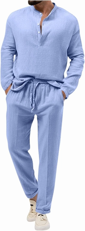 Cotton Linen Sets for Men 2 Piece Button Down Shirt Long Sleeve Drawstring Waist Pants Fall Fashion Outfits 2023