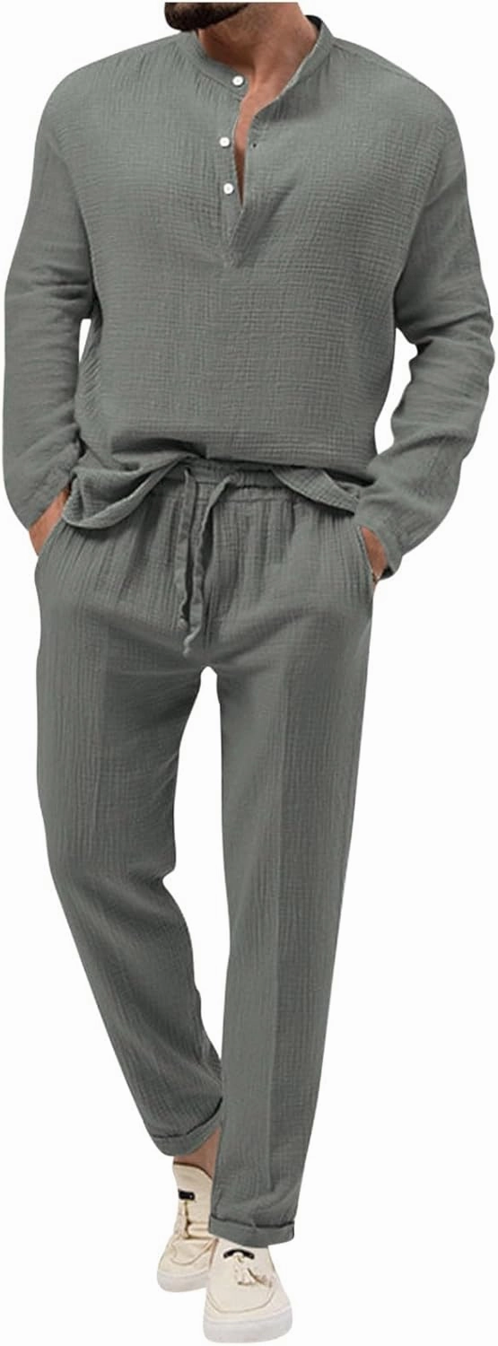 Cotton Linen Sets for Men 2 Piece Button Down Shirt Long Sleeve Drawstring Waist Pants Fall Fashion Outfits 2023