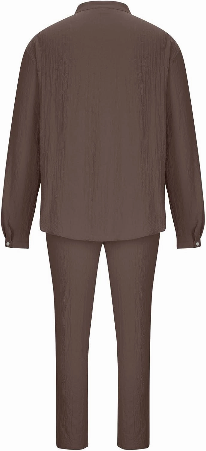 Cotton Linen Sets for Men 2 Piece Button Down Shirt Long Sleeve Drawstring Waist Pants Fall Fashion Outfits 2023