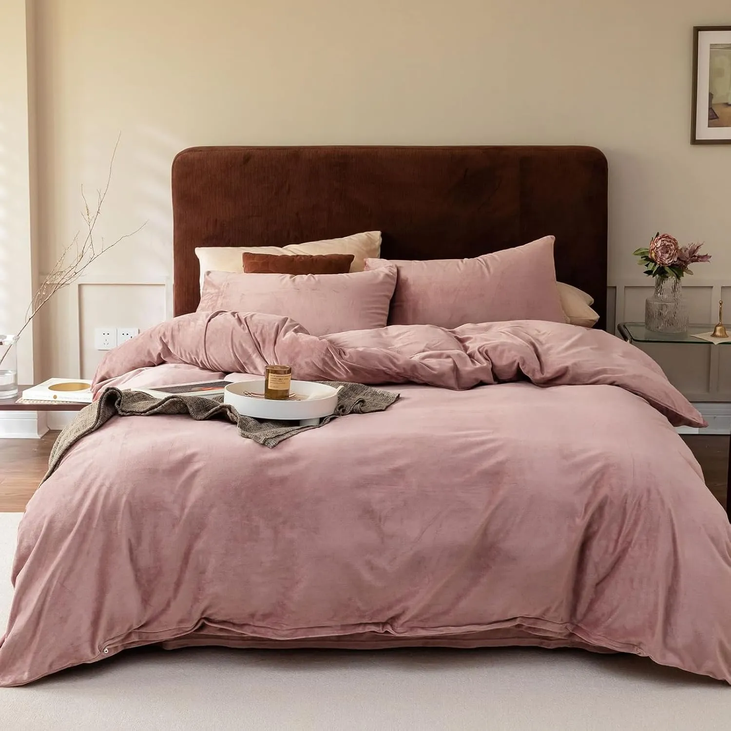 Cottonight Pink Velvet Comforter Set Full - Blush Flannel Bedding, Plain Dusty Winter Blanket Quilt, Modern Heavyweight Warm 3 Piece for Full Bed