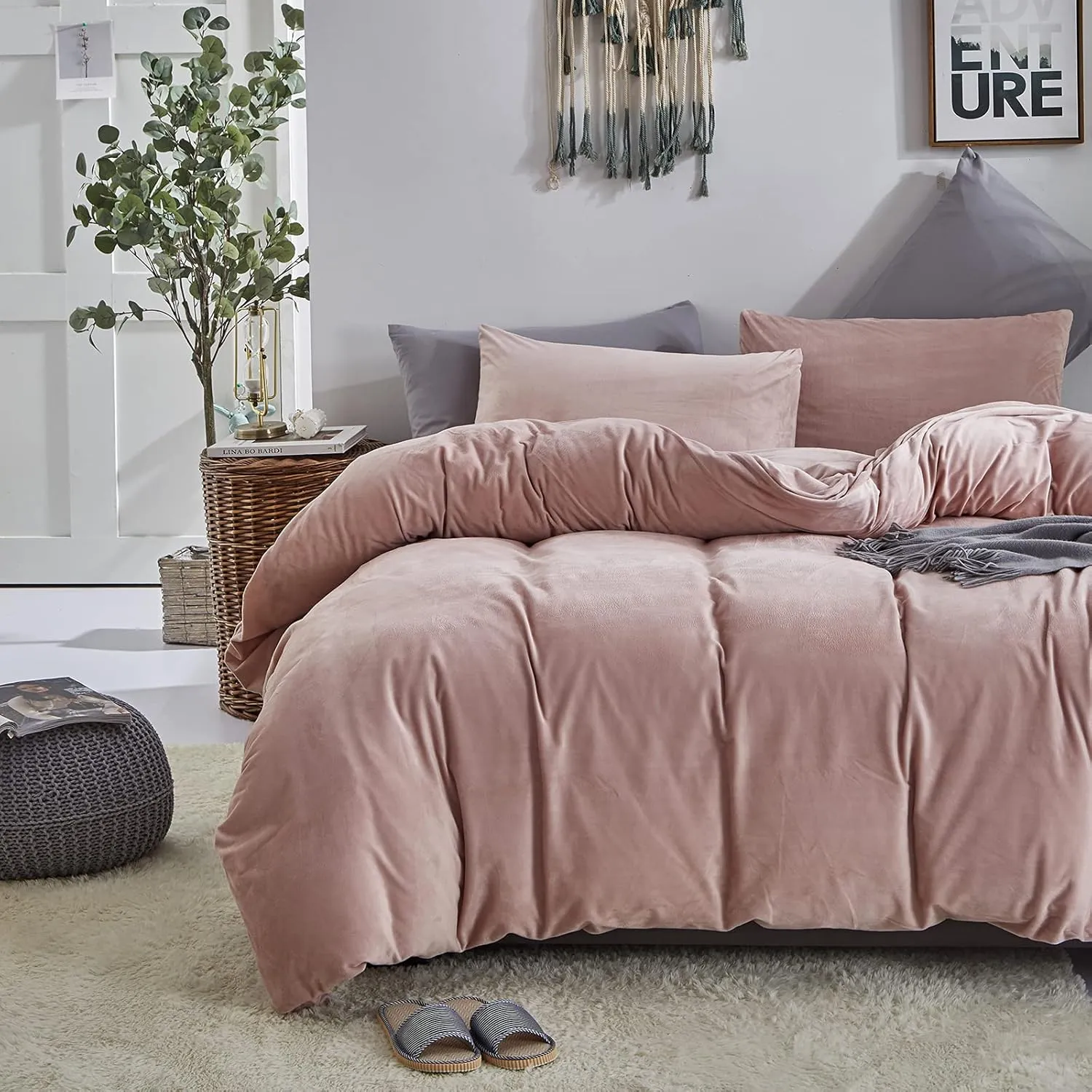 Cottonight Pink Velvet Comforter Set Full - Blush Flannel Bedding, Plain Dusty Winter Blanket Quilt, Modern Heavyweight Warm 3 Piece for Full Bed