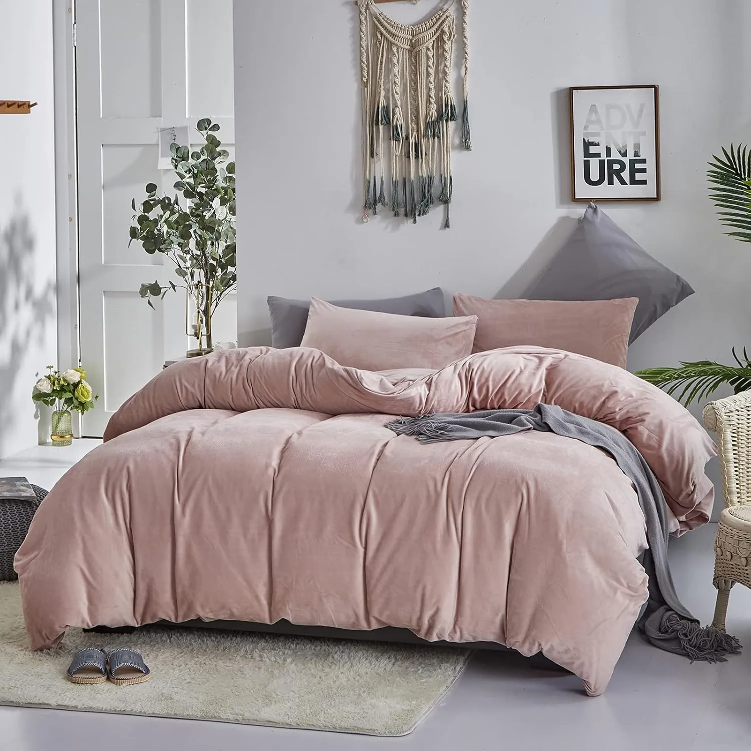 Cottonight Pink Velvet Comforter Set Full - Blush Flannel Bedding, Plain Dusty Winter Blanket Quilt, Modern Heavyweight Warm 3 Piece for Full Bed