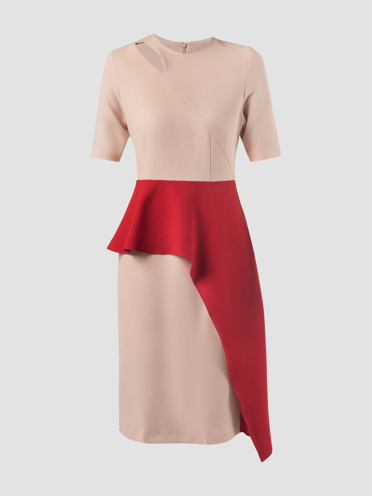 Coty blush pink dress with contrasting red peplum