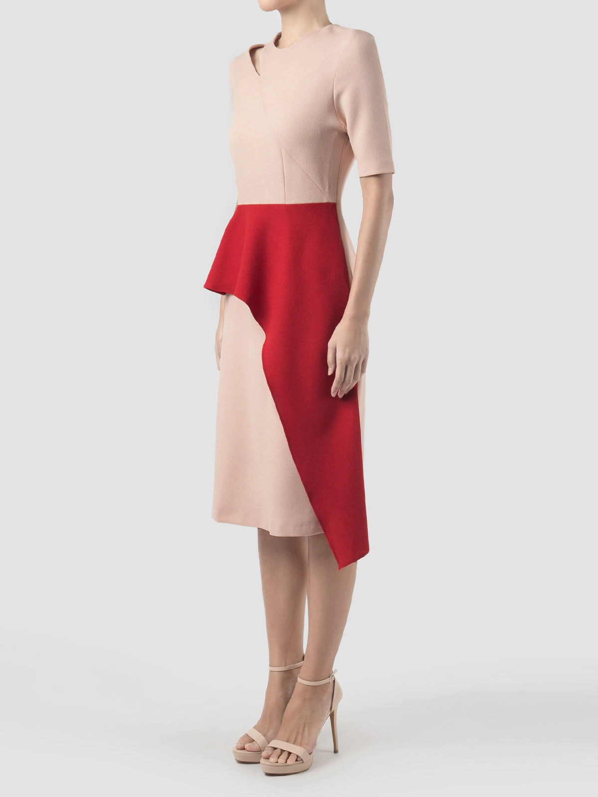 Coty blush pink dress with contrasting red peplum