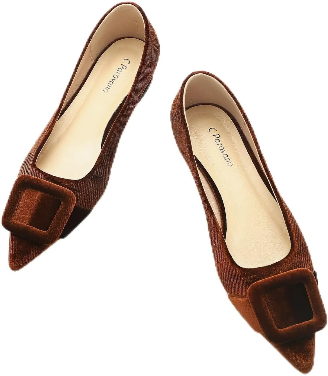 C.Paravano Women's Flats Velvet Pointed Toe Flats Slip-On Casual Work Shoes for Daily Wear Comfortable Stylish Ballet Flats (Brown,Size 10.5)