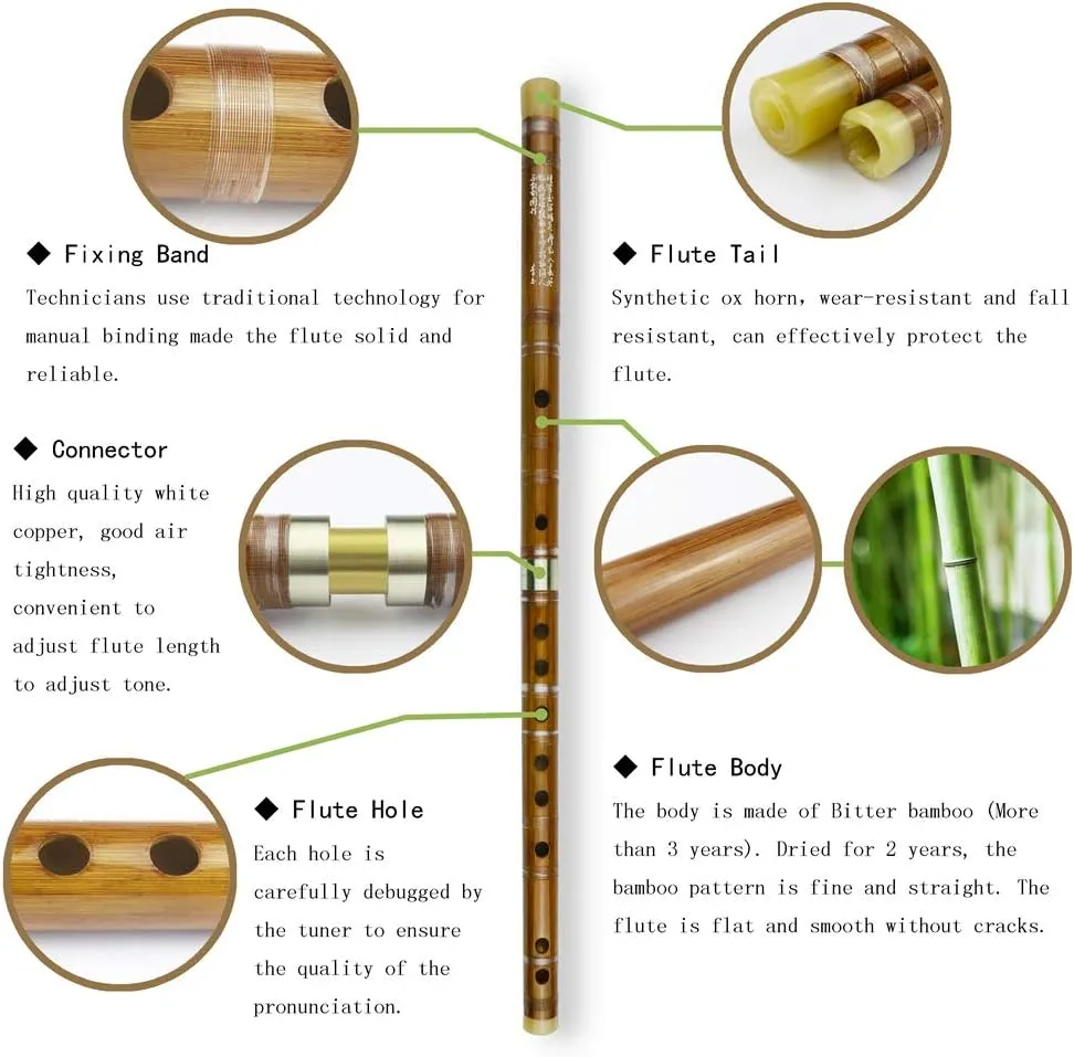 D Key Dizi Bitter Bamboo Flute for Beginners with Free Membrane & Glue & Protector Set Traditional Chinese Instrument（Key of D/Bitter Bamboo）