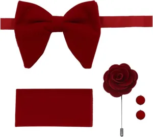Dan Smith Suede Party Oversized Bow Ties Plain Oversized Bowtie Pocket Squares Cufflinks Lapel Pin Set Red Clip-On Adjustable Big C.C.O.T.004 Burgundy