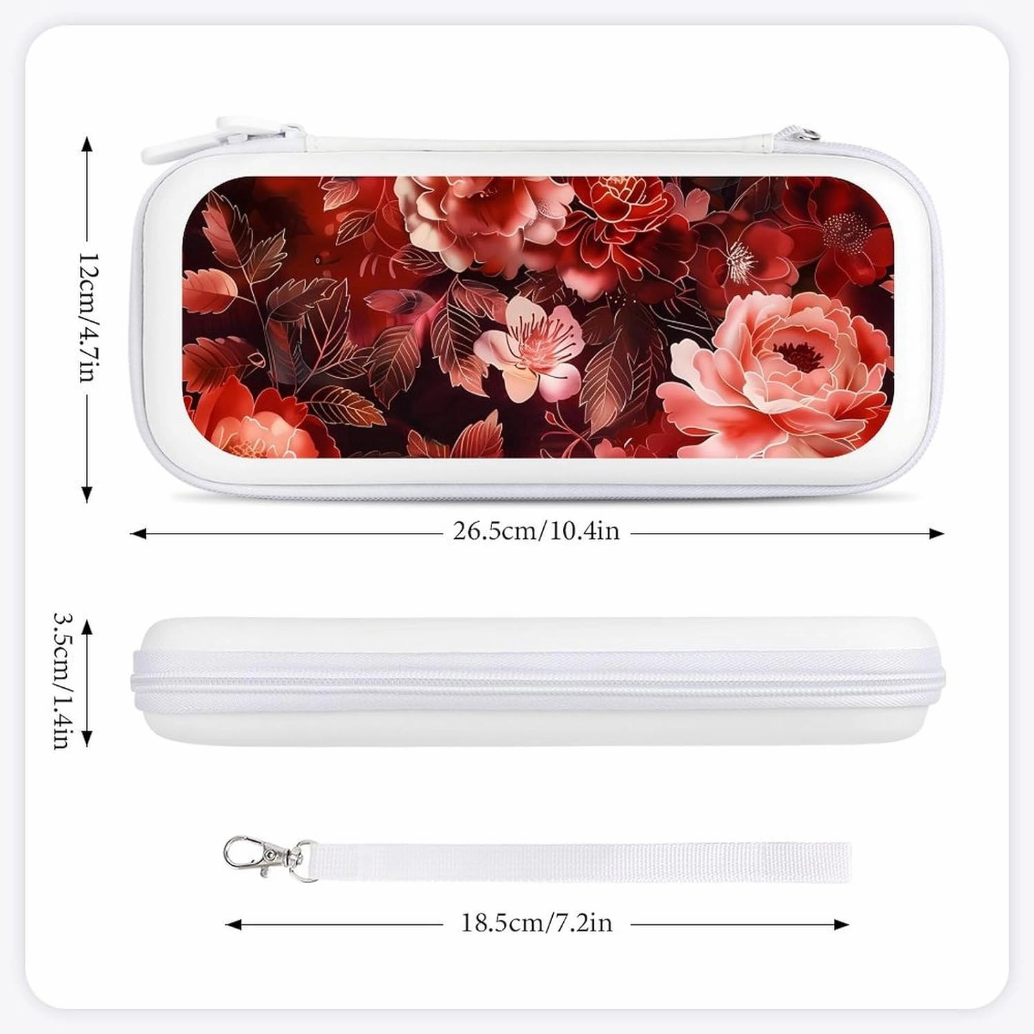 Dark Red and Light Roses Peony Flowers Hard Shell Travel Case with Rope 15 Game Card Pockets Compatible with Switch Protective