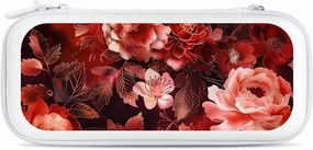 Dark Red and Light Roses Peony Flowers Hard Shell Travel Case with Rope 15 Game Card Pockets Compatible with Switch Protective