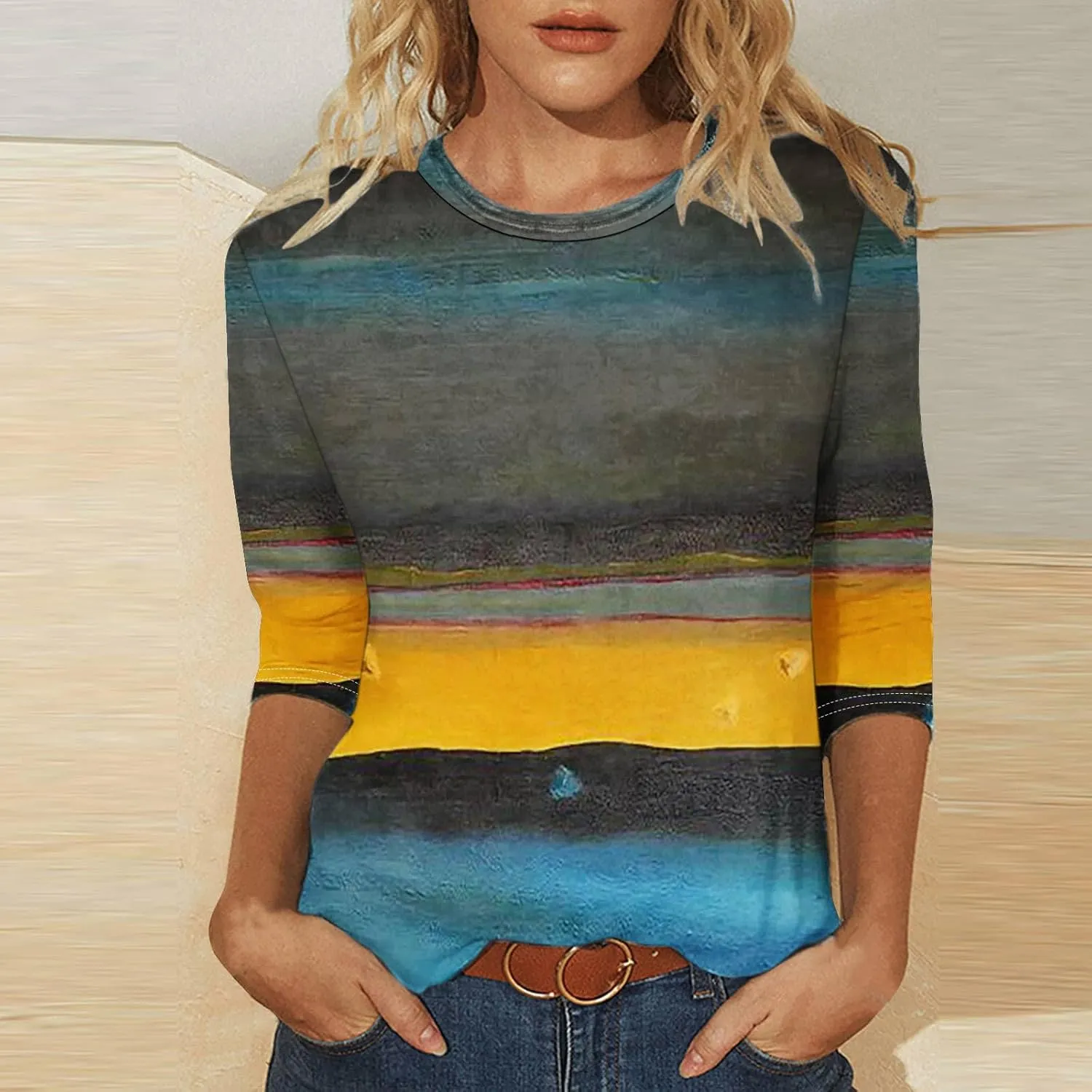 DASAYO Womens Fashion 2024 3/4 Sleeve Shirts Crewneck Casual Plus Size Tops for Women Trendy Tie Die Print Going Out Tops