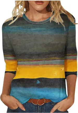 DASAYO Womens Fashion 2024 3/4 Sleeve Shirts Crewneck Casual Plus Size Tops for Women Trendy Tie Die Print Going Out Tops