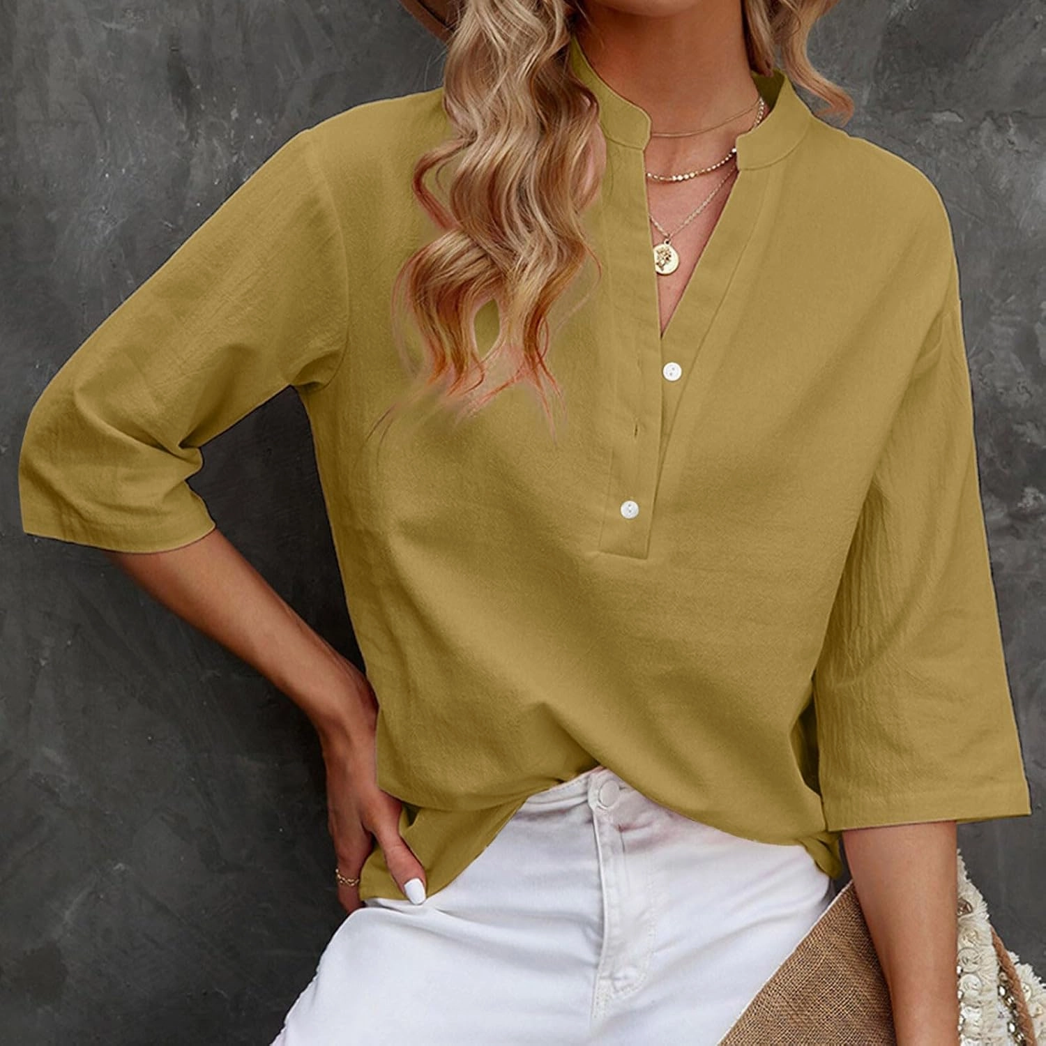 DASAYO Women's Casual 3/4 Length Sleeve Shirts Solid Color V Neck Button up Blouse Loose Fit Spring Summer Outfits