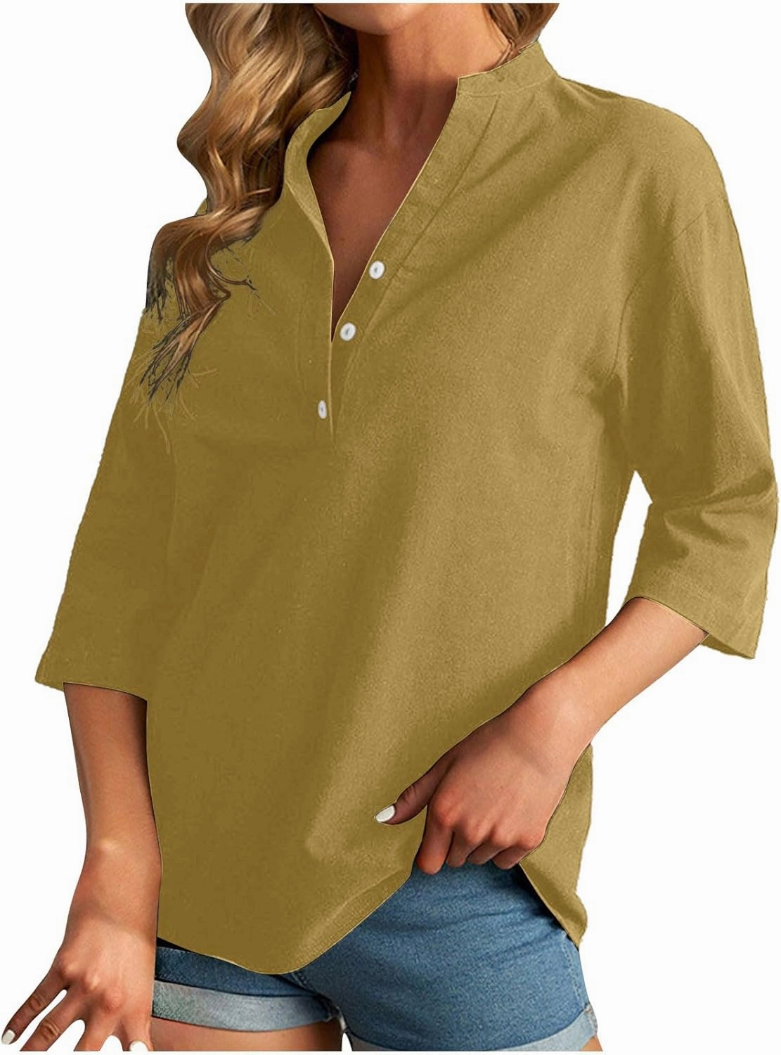 DASAYO Women's Casual 3/4 Length Sleeve Shirts Solid Color V Neck Button up Blouse Loose Fit Spring Summer Outfits