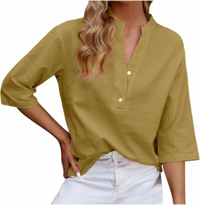 DASAYO Women's Casual 3/4 Length Sleeve Shirts Solid Color V Neck Button up Blouse Loose Fit Spring Summer Outfits
