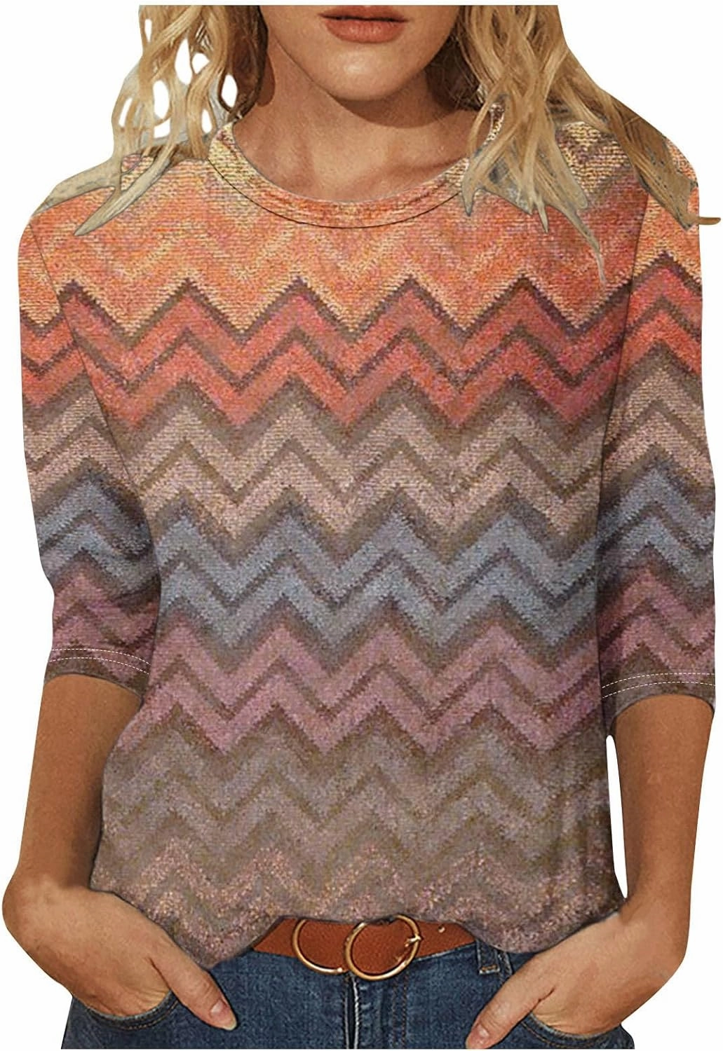 DASAYO Womens Fashion 2024 3/4 Sleeve Shirts Crewneck Casual Plus Size Tops for Women Trendy Tie Die Print Going Out Tops