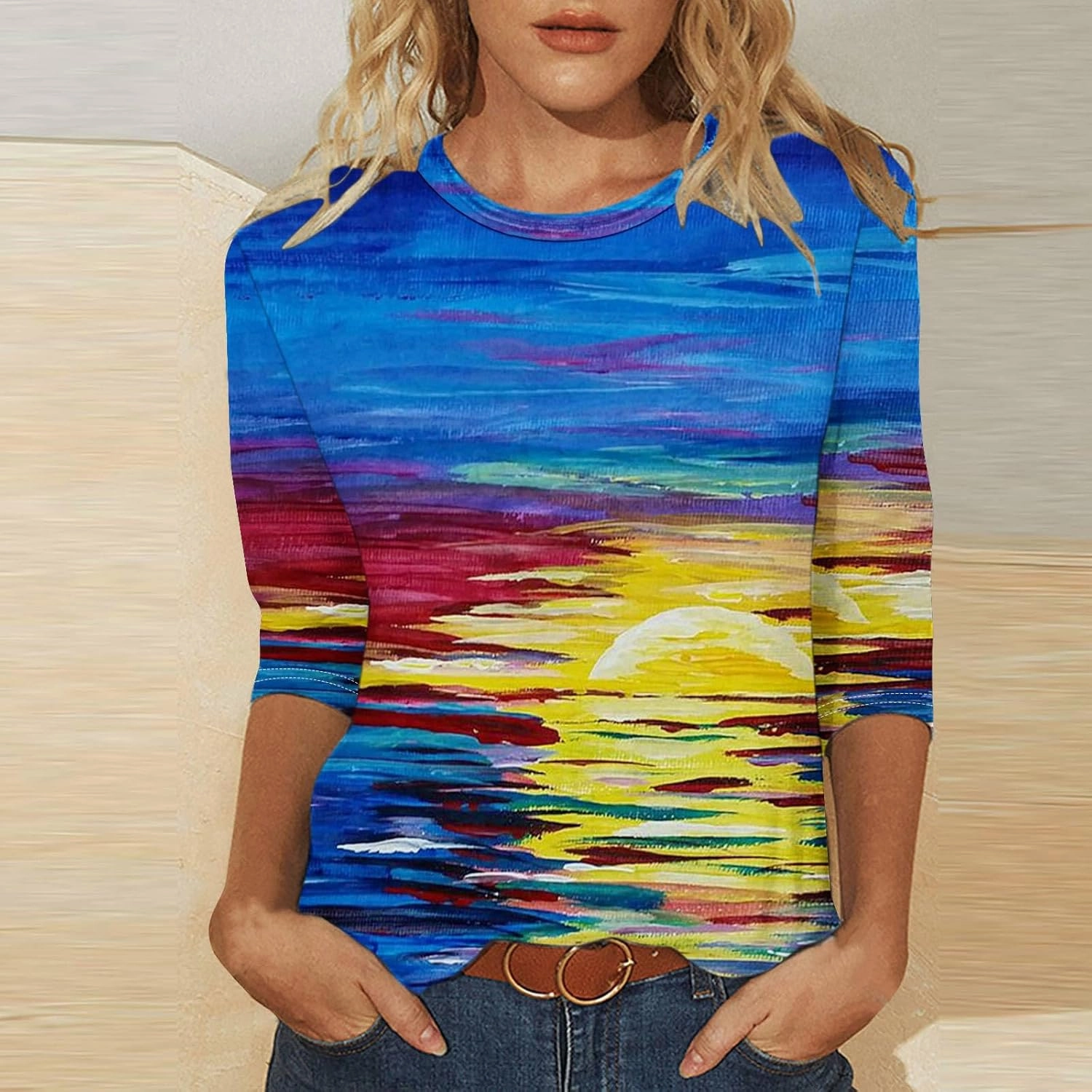 DASAYO Womens Fashion 2024 3/4 Sleeve Shirts Crewneck Casual Plus Size Tops for Women Trendy Tie Die Print Going Out Tops