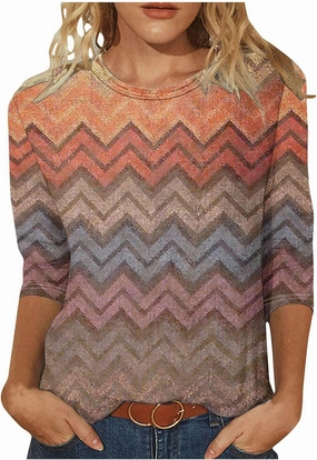 DASAYO Womens Fashion 2024 3/4 Sleeve Shirts Crewneck Casual Plus Size Tops for Women Trendy Tie Die Print Going Out Tops