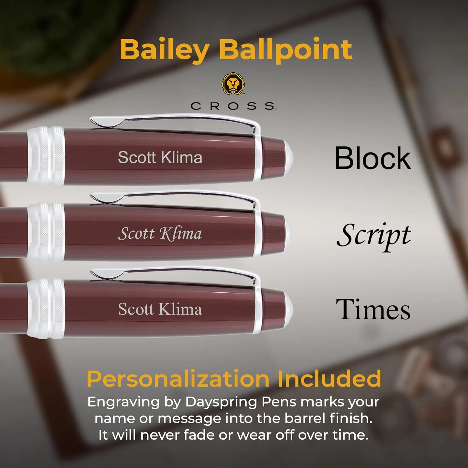 Dayspring Pens Personalized Cross Bailey Ballpoint Pen - Red Lacquer with Chrome Trim | Luxury Engraved Pen with Custom Engraving & Gift Box | Customized Pens Gift for Men, Women, Students, Black Ink