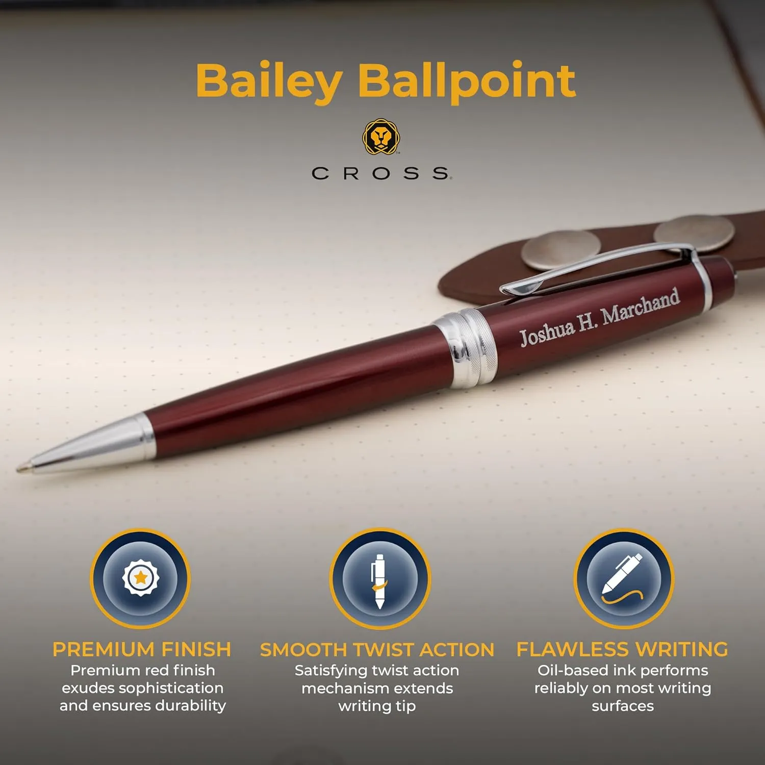 Dayspring Pens Personalized Cross Bailey Ballpoint Pen - Red Lacquer with Chrome Trim | Luxury Engraved Pen with Custom Engraving & Gift Box | Customized Pens Gift for Men, Women, Students, Black Ink