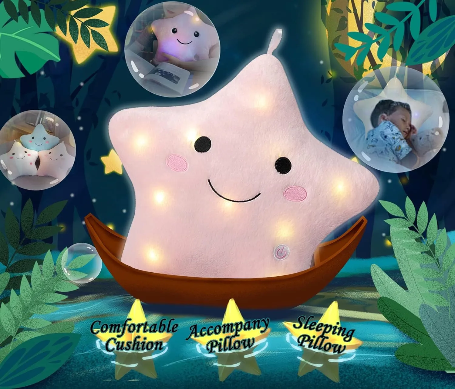 DearSun 13''Creative Twinkle Star Colorful Night Light Plush Pillows Light up Night Stuffed Toys Perfect for Birthday Christmas Holiday Valentines (Pink)