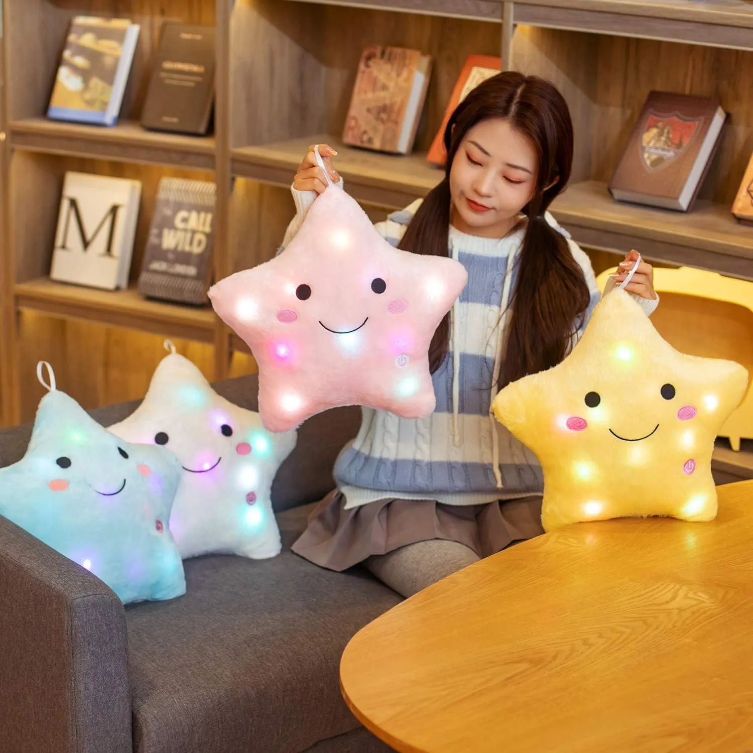 DearSun 13''Creative Twinkle Star Colorful Night Light Plush Pillows Light up Night Stuffed Toys Perfect for Birthday Christmas Holiday Valentines (Pink)