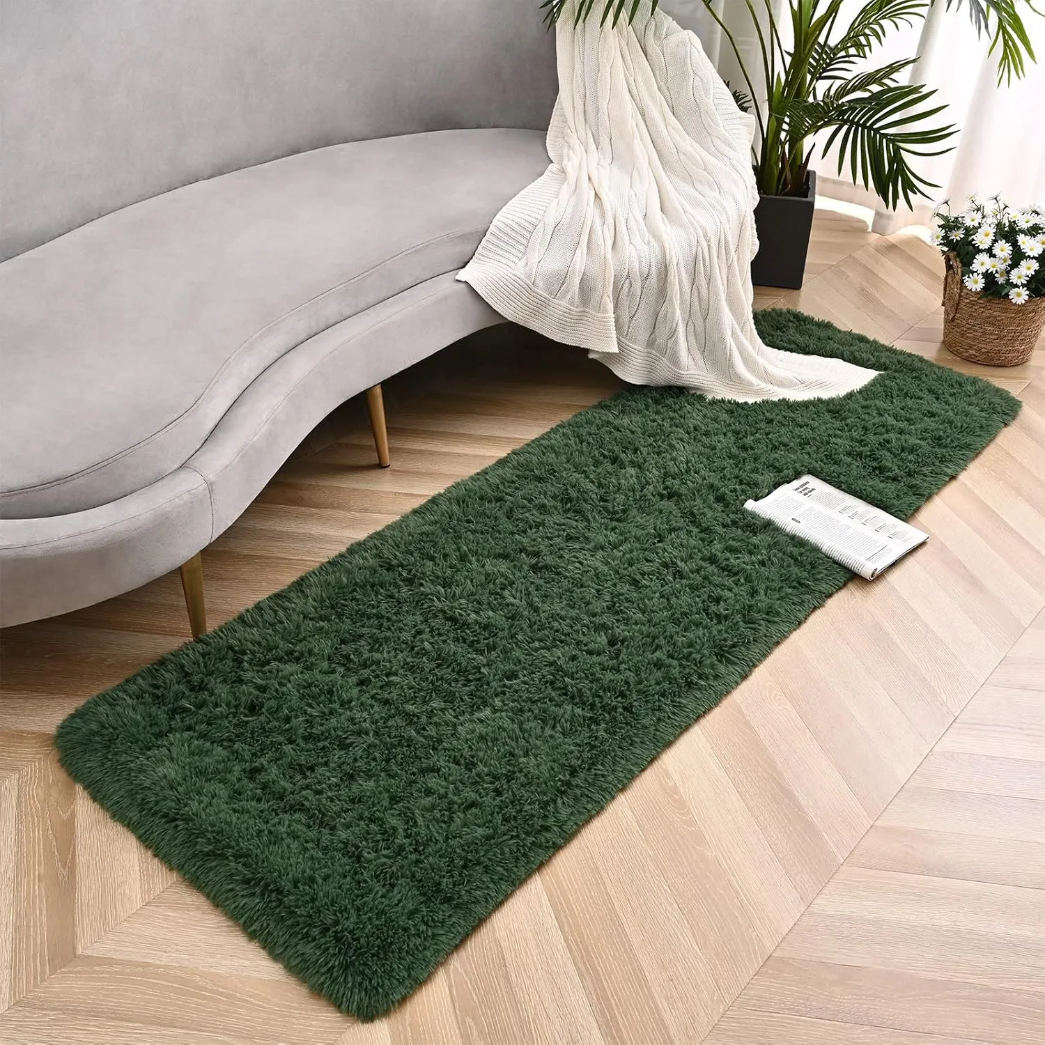 Deep Green Red Runner Area Rugs for Bedroom Living Room, 2x6 Feet Fluffy Bedside Rugs, Soft Shaggy Carpet Rug for Kids Room Nursery, Furry Rugs for Girls Boys Dorm Room Home Decor