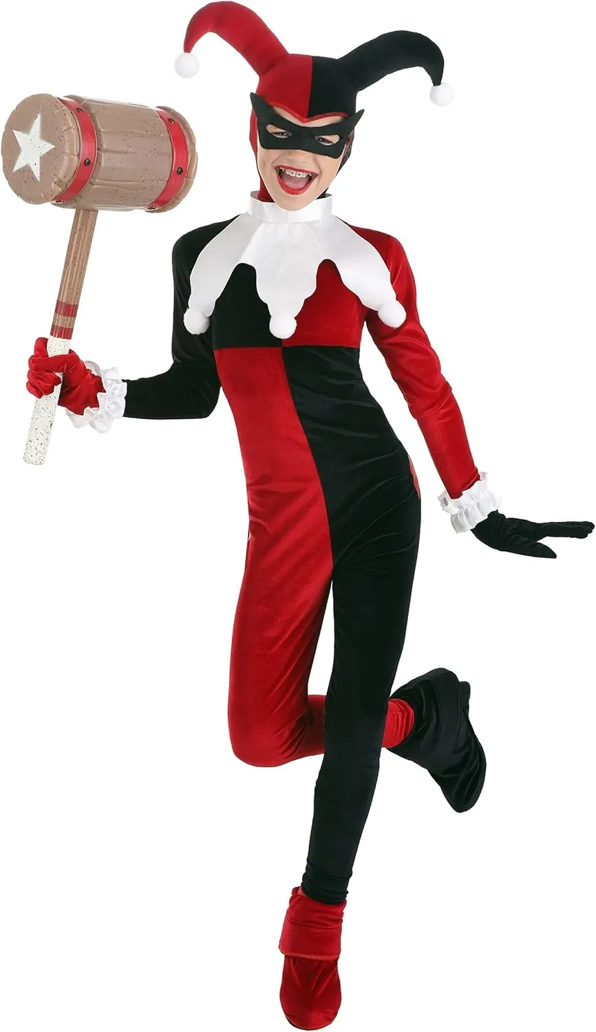 Deluxe Harley Quinn Costume for Kids, Red & Black Jumpsuit & Mask for Super Villain Outfit & Comic Cosplay