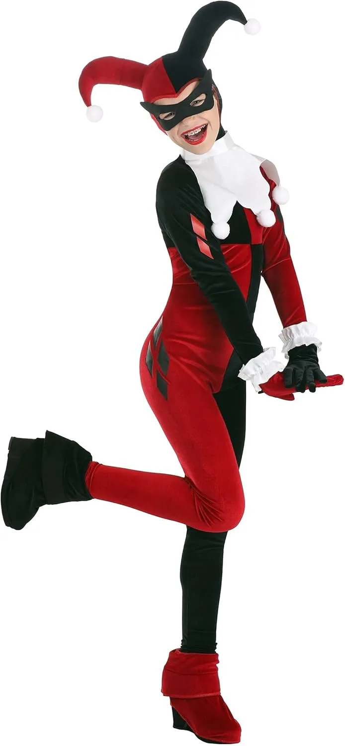 Deluxe Harley Quinn Costume for Kids, Red & Black Jumpsuit & Mask for Super Villain Outfit & Comic Cosplay