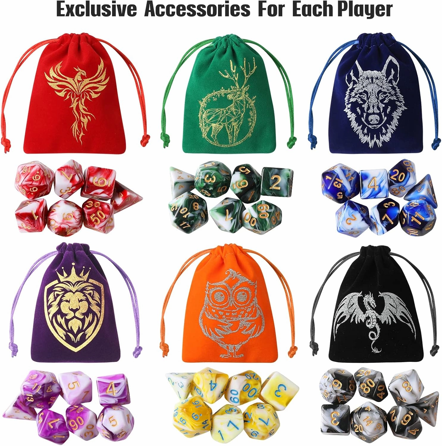 DND Dice Set, 42 Pcs Role Playing Dice Set with 6 Colorful Animal Pattern Dice Bag and PU Leather and Velvet dice Tray for Dungeons and Dragons D&D RPG MTG Table Games Mixed White