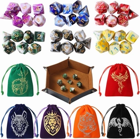 DND Dice Set, 42 Pcs Role Playing Dice Set with 6 Colorful Animal Pattern Dice Bag and PU Leather and Velvet dice Tray for Dungeons and Dragons D&D RPG MTG Table Games Mixed White