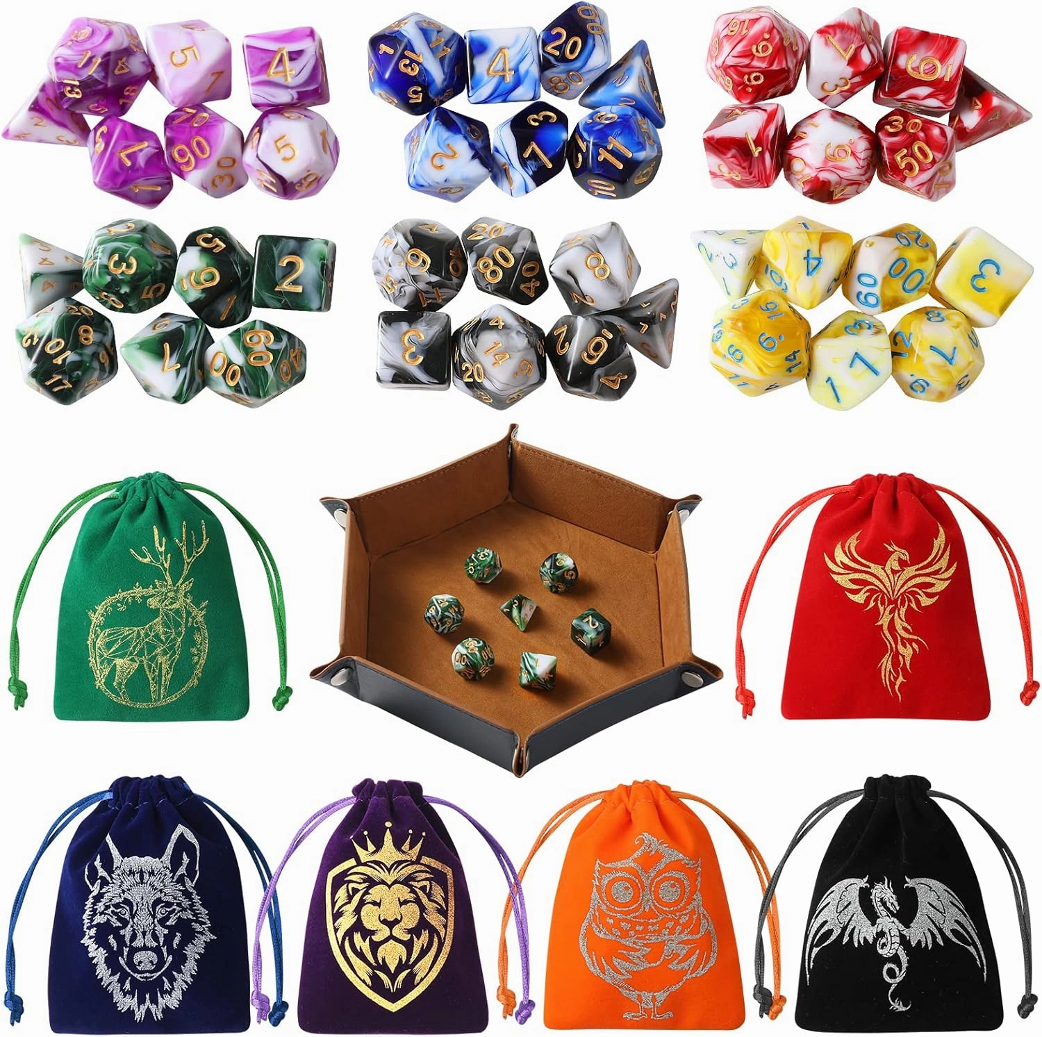 DND Dice Set, 42 Pcs Role Playing Dice Set with 6 Colorful Animal Pattern Dice Bag and PU Leather and Velvet dice Tray for Dungeons and Dragons D&D RPG MTG Table Games Mixed White