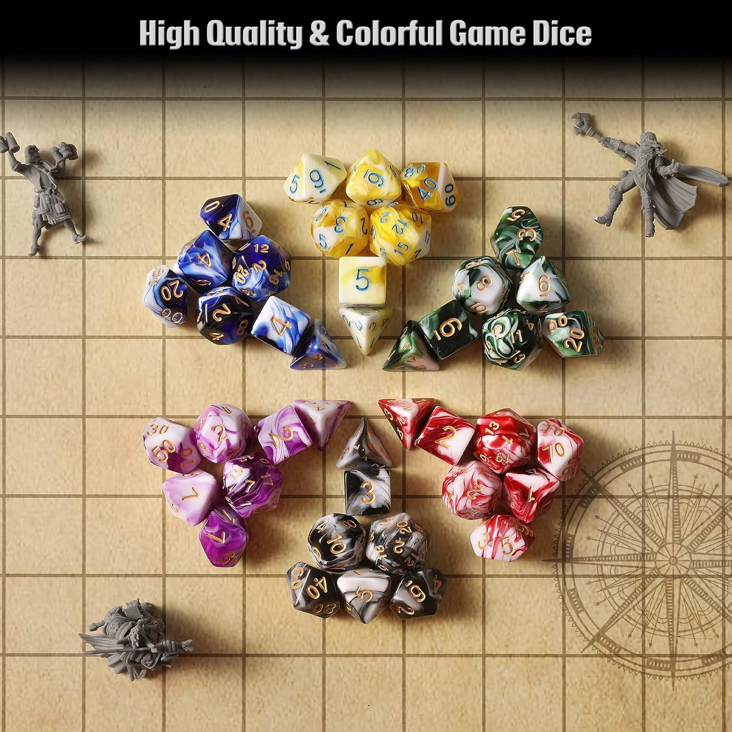 DND Dice Set, 42 Pcs Role Playing Dice Set with 6 Colorful Animal Pattern Dice Bag and PU Leather and Velvet dice Tray for Dungeons and Dragons D&D RPG MTG Table Games Mixed White