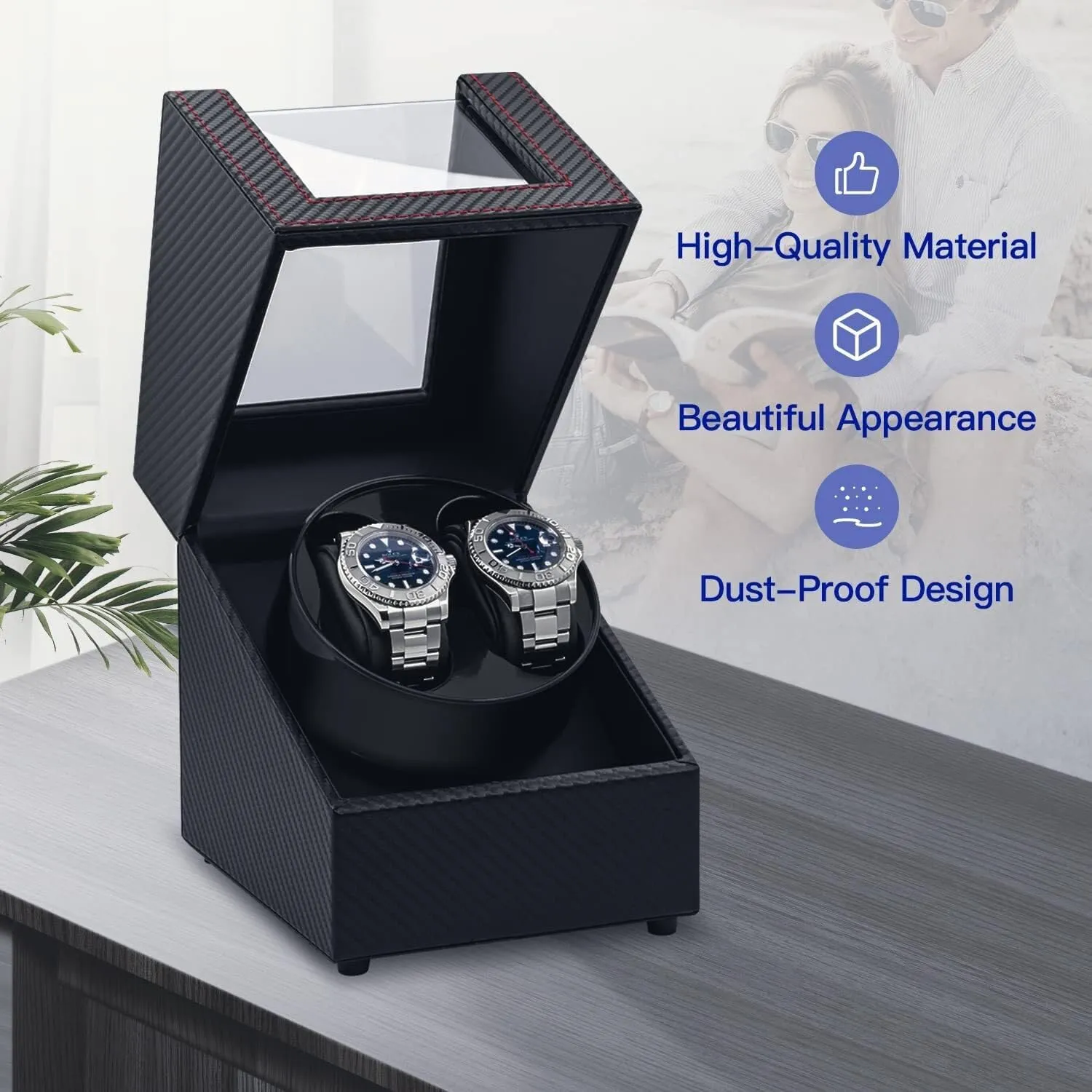 Double Automatic Watch Winder for Mechanical Watches with USB Power, 2 Slots, Adjustable Cushions(Black and Red)