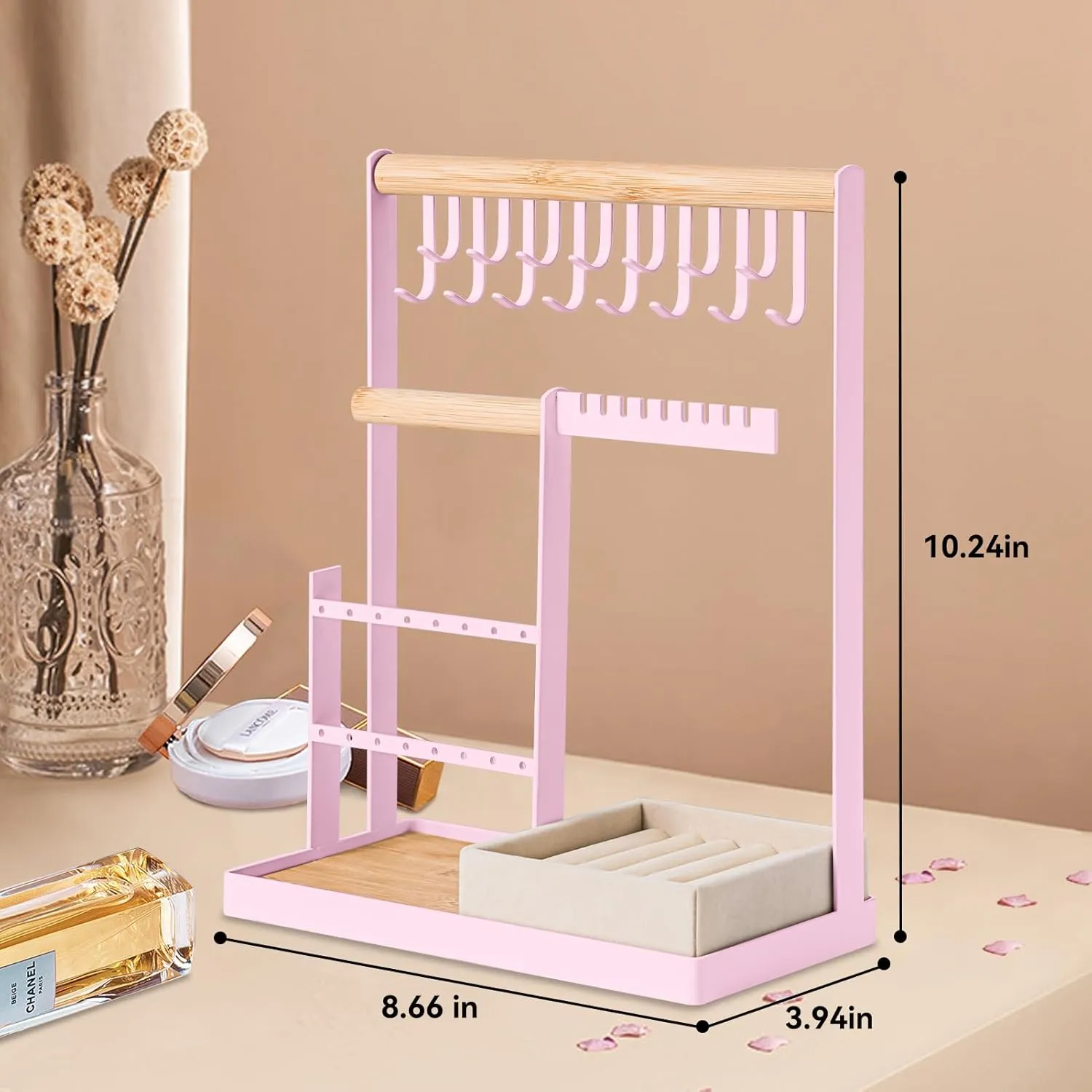 DreamGenius Jewelry Organizer Stand with Velvet Ring Holder, 4 Tier Jewelry Holder Organizer with 15 Hooks for Necklaces and 16 Holes for Earrings, Pink