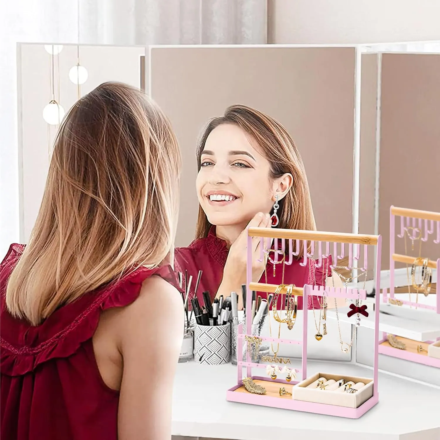 DreamGenius Jewelry Organizer Stand with Velvet Ring Holder, 4 Tier Jewelry Holder Organizer with 15 Hooks for Necklaces and 16 Holes for Earrings, Pink