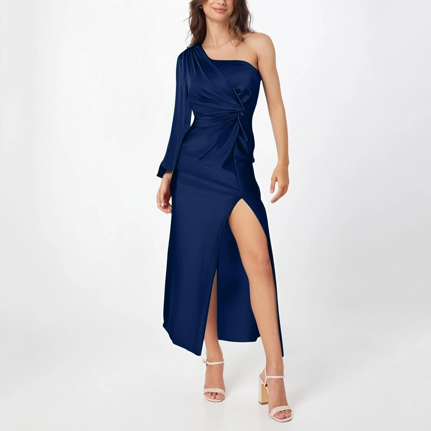 Dresses for Women Sexy One Shoulder Twist Front Long Formal Dress High Split Cocktail Wedding Party Maxi Dress