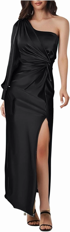 Dresses for Women Sexy One Shoulder Twist Front Long Formal Dress High Split Cocktail Wedding Party Maxi Dress