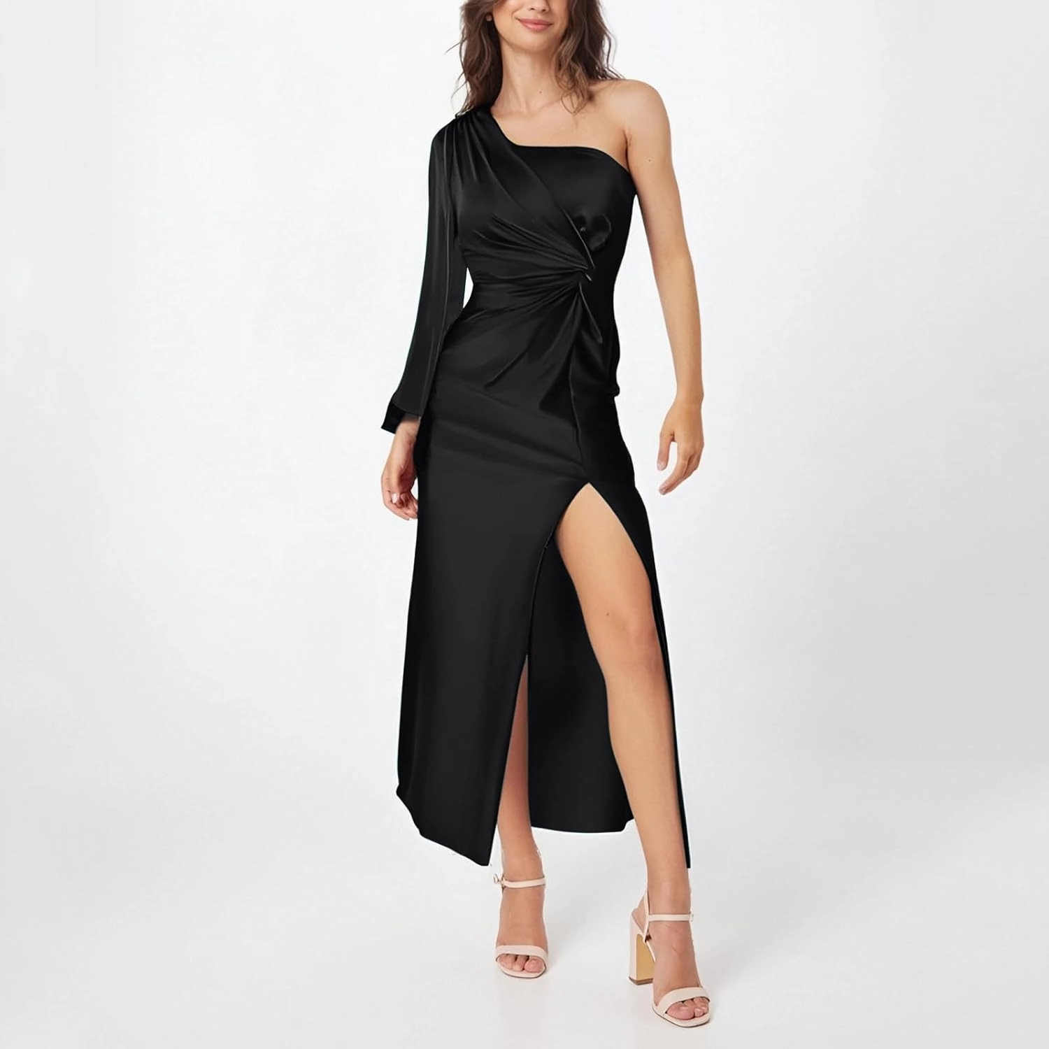 Dresses for Women Sexy One Shoulder Twist Front Long Formal Dress High Split Cocktail Wedding Party Maxi Dress