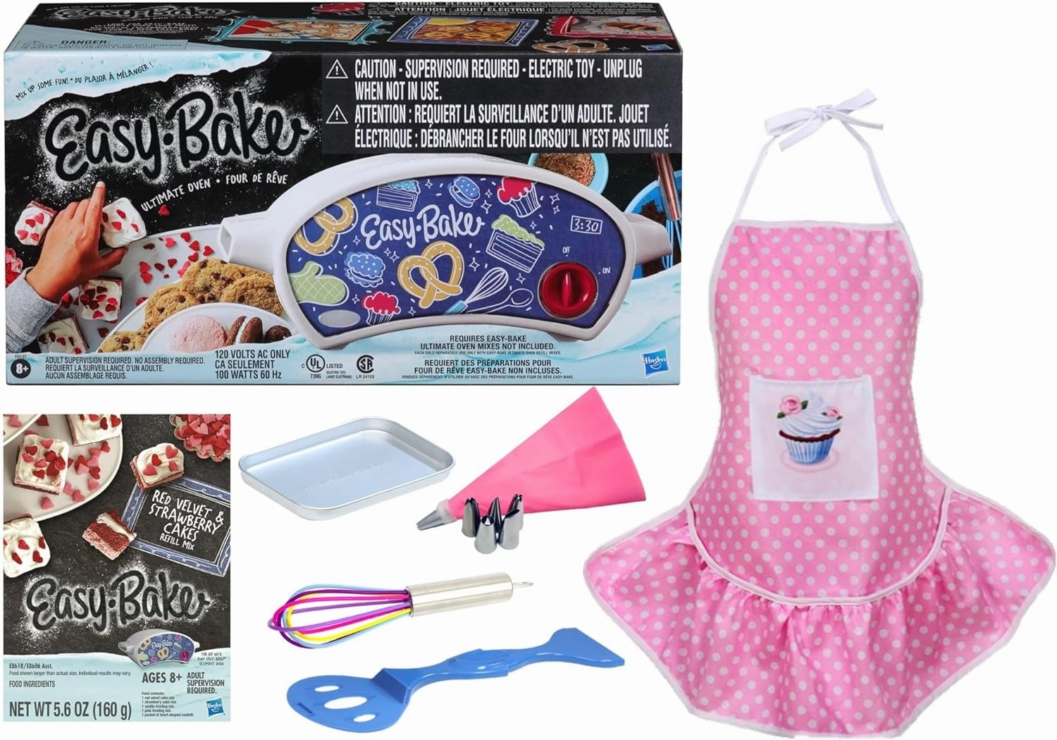 Easy Bake Oven / Pan/ Pan Tool/ Red Velvet Cupcakes Refill / Pink Kid-Sized Apron / Rainbow Whisk / Pink Frosting Piping Bag (7 Items) -Easy Bake Oven and Accessories Gift Set