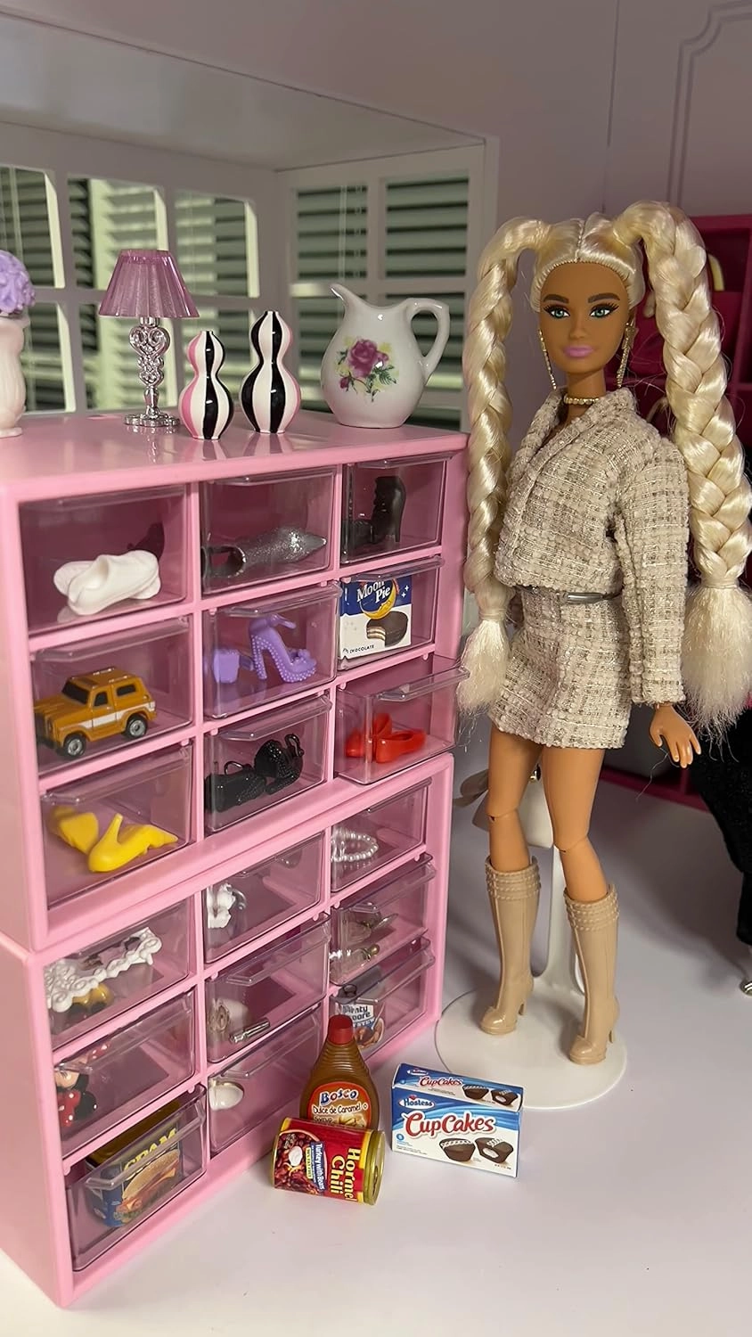 Eledoll 1:6 Dollhouse Furniture for 12 inch Fashion Doll or Collectible Miniatures Drawer Storage Organizer Doll Clothes Storage Plastic Pink