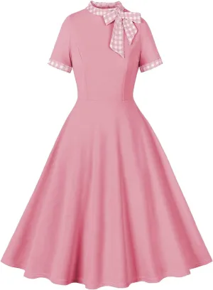 Elegant Dresses for Women Vintage Court Solid A-Line Dress Short Sleeve Plaid Lapel Maxi Skirts Working Business