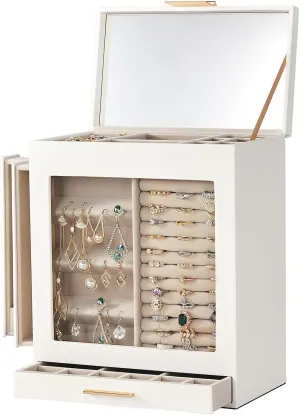 Elegant four drawer jewelry box, transparent front, pink velvet interior - white accessory storage cabinet, suitable for storing room and dressing table accessories