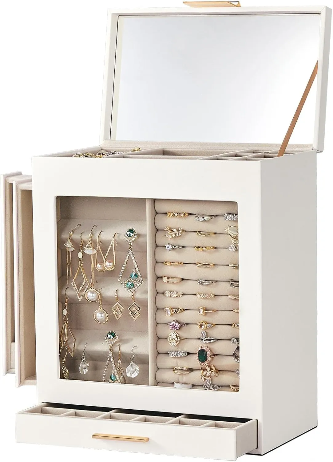 Elegant four drawer jewelry box, transparent front, pink velvet interior - white accessory storage cabinet, suitable for storing room and dressing table accessories