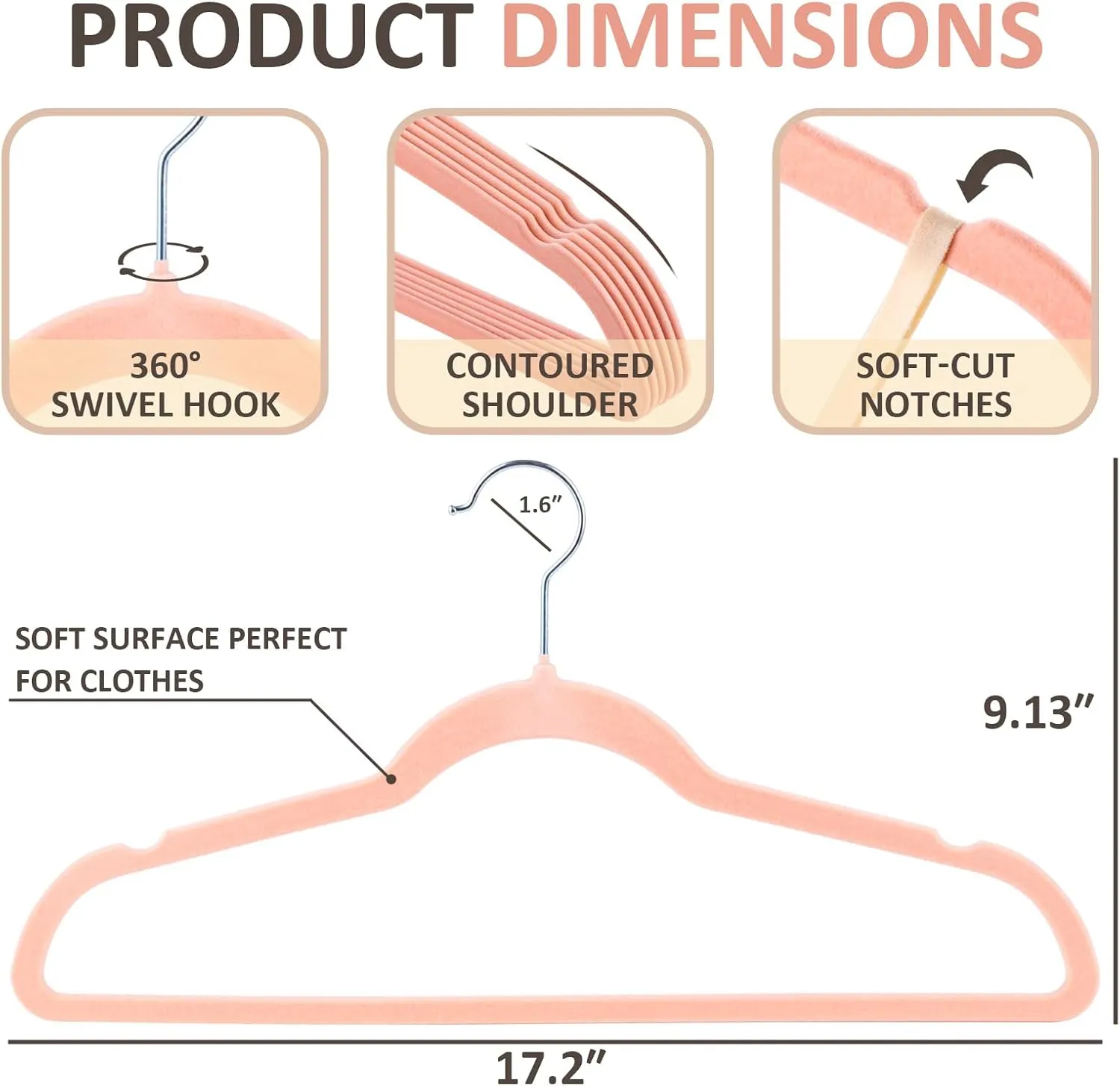 ELONG HOME Velvet Hangers - 50 Pack, Peach Pink Slim Felt Hangers with 360 Swivel Hook, Non-Slip Heavy Duty for Coats & Dress Clothes